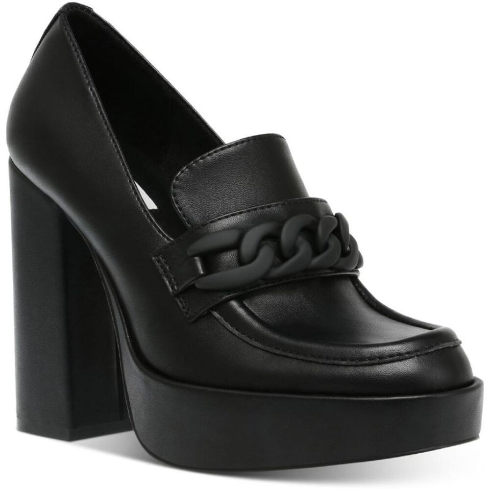 Steve Madden Womens Rhylee Black Leather Slip On Loafer Heels Shoes